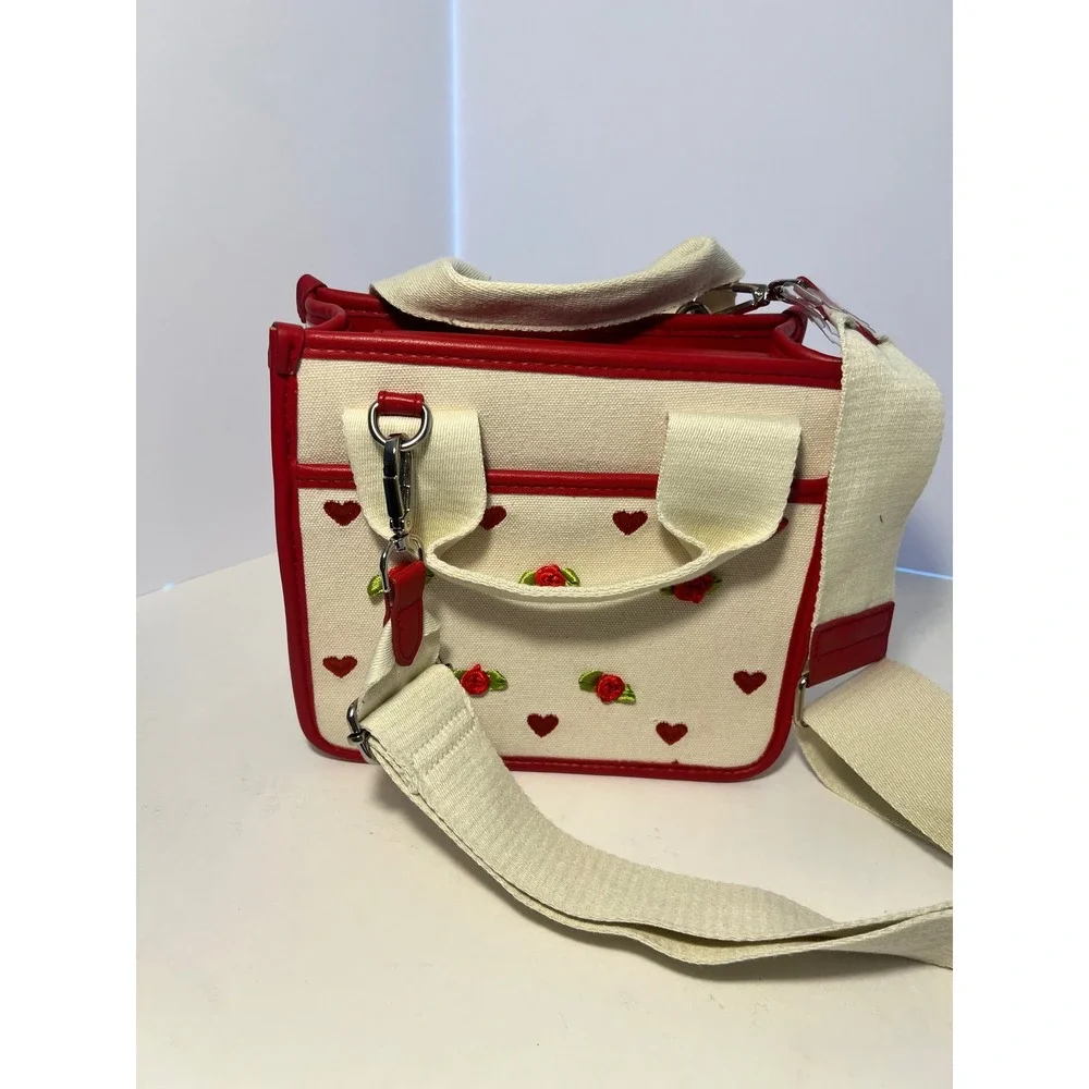 Steve Madden Ivory Canvas Mini Tote Bag Red Rose Heart Embroidery Crossbody